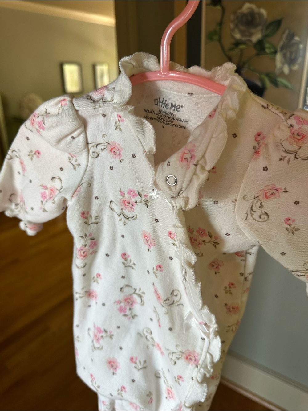 Little Me White Floral Ruffle Snap Baby One-Piece with Pink Roses